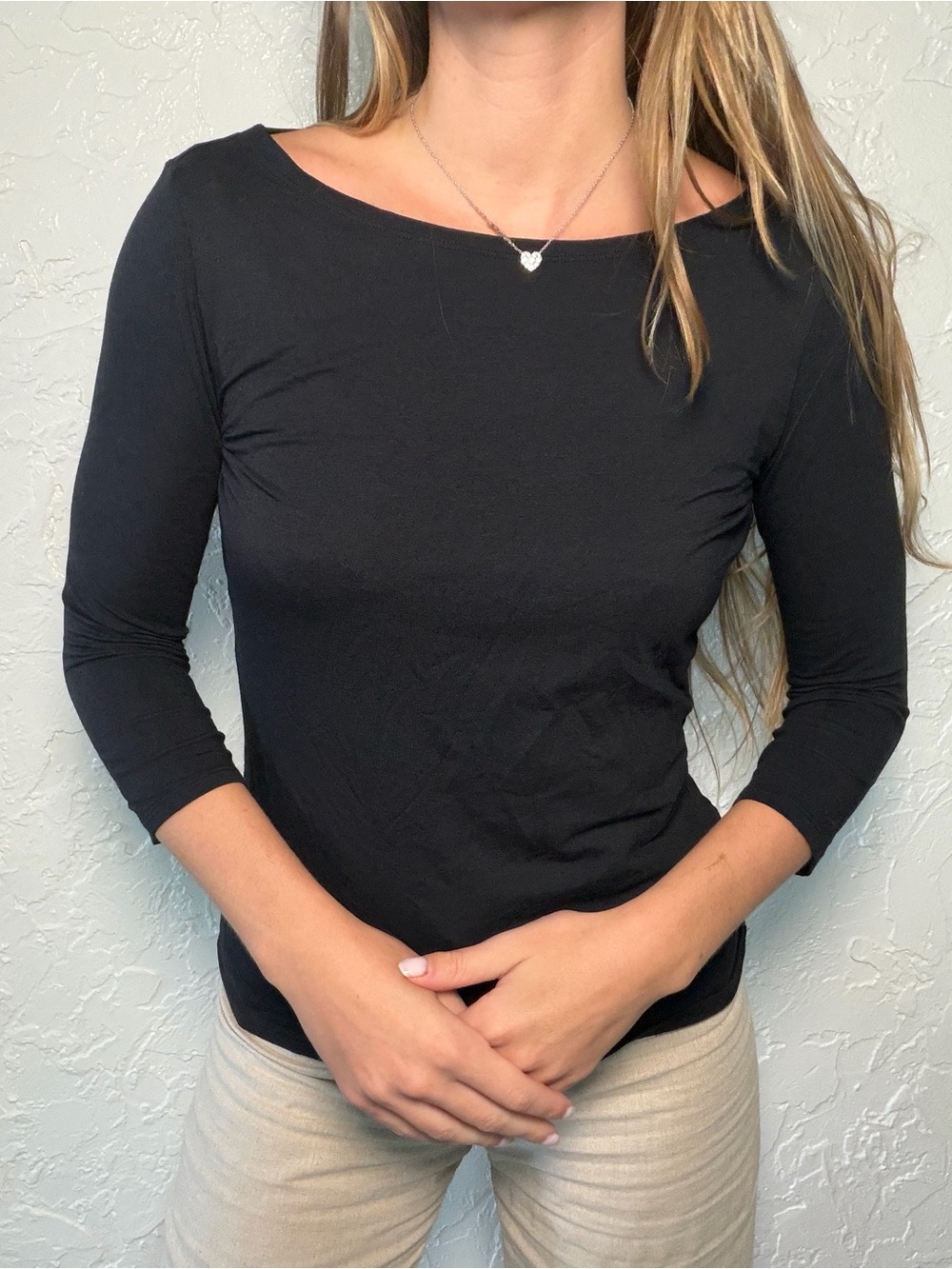 Garnet Hill Black Boatneck Three-Quarter Sleeve Top
